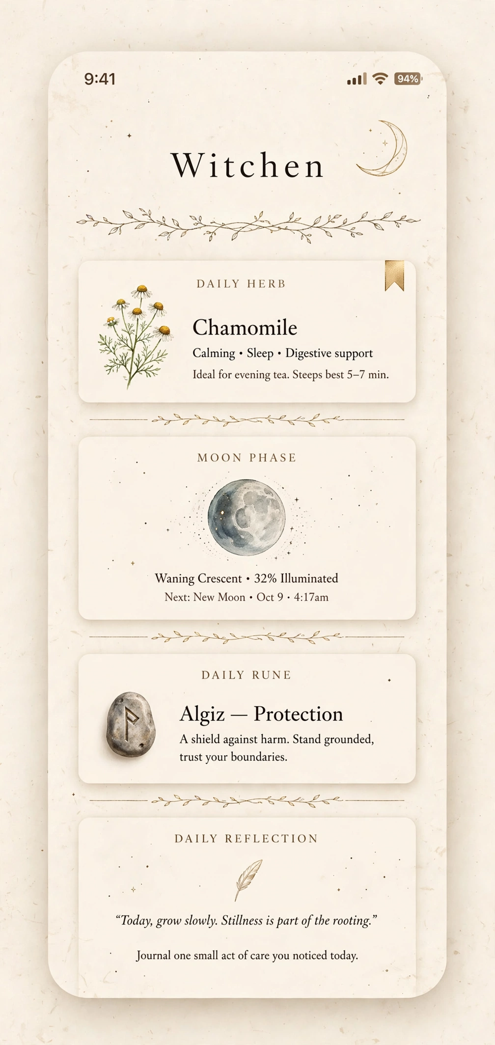 The Witchen dashboard: daily herb, moon phase, rune, and reflection cards