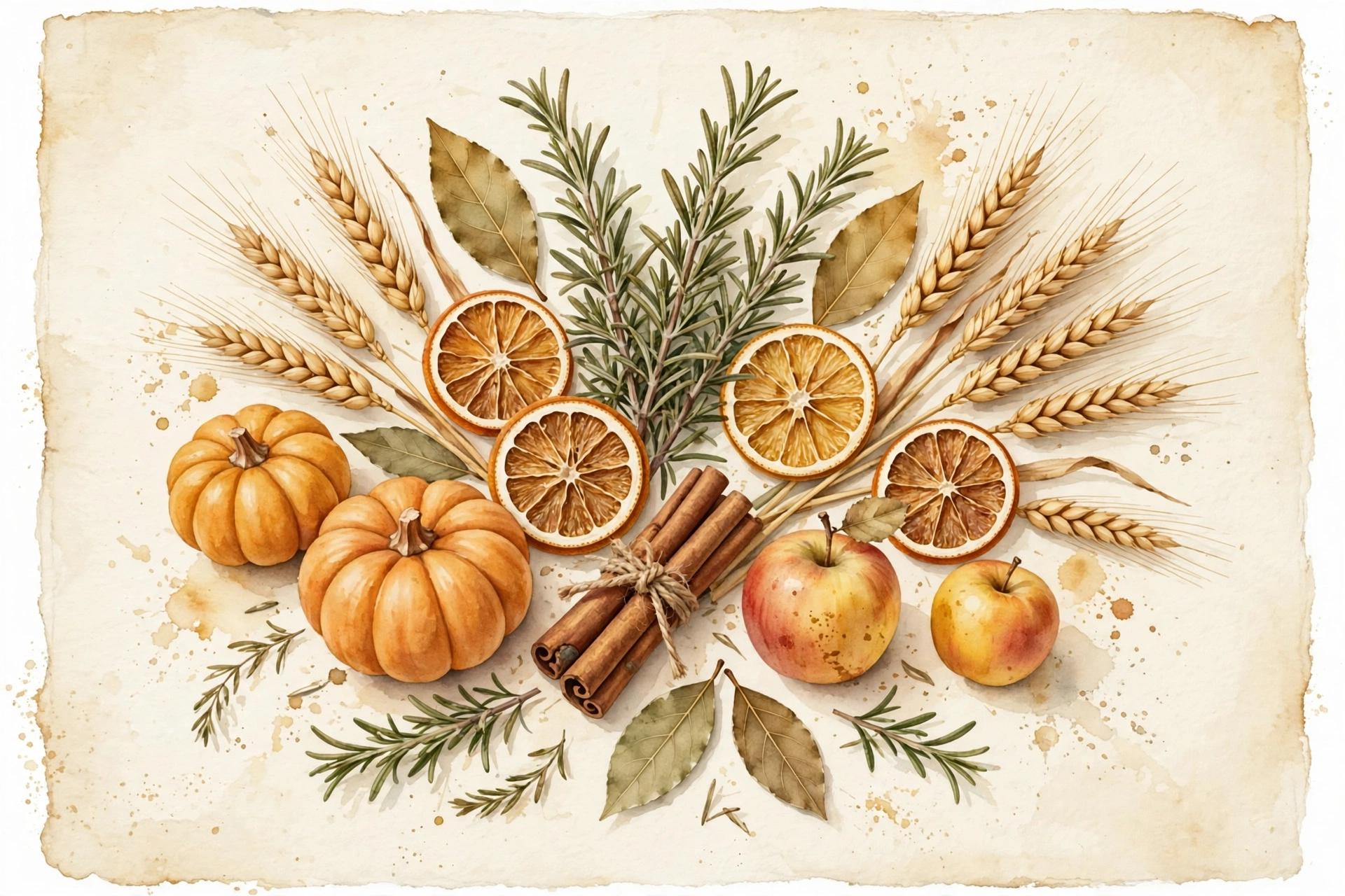 Harvest botanicals: rosemary, bay, wheat, dried orange, cinnamon